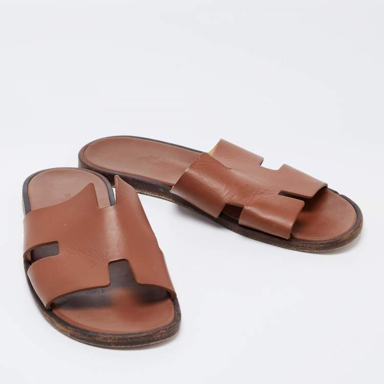 Pre Owned Hermes Brown Leather Izmir Slides Size 43