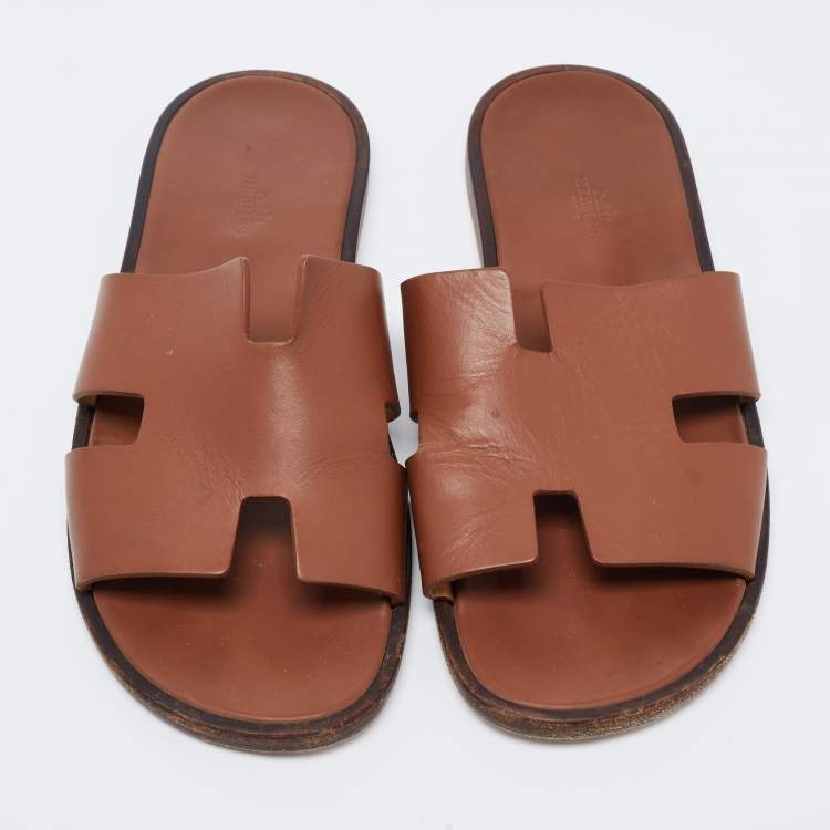 Pre Owned Hermes Brown Leather Izmir Slides Size 43