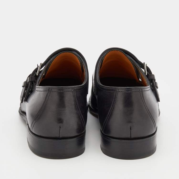 Pre Owned Hermes Black Leather Double Monk Strap Loafers Size 41.5