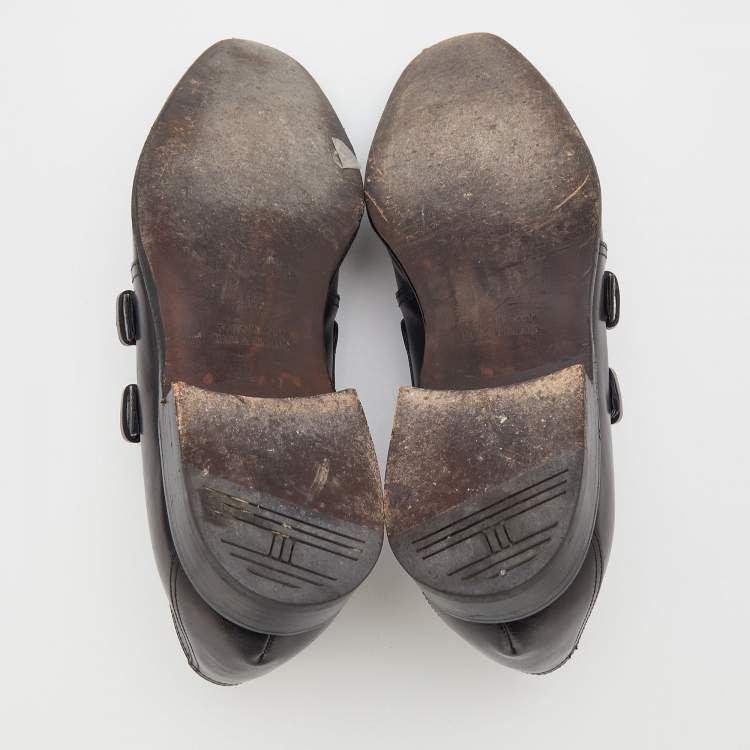 Pre Owned Hermes Black Leather Double Monk Strap Loafers Size 41.5