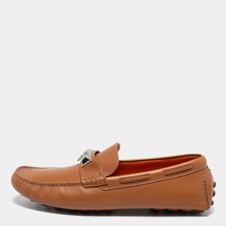 Pre Owned Hermes Brown Leather Slip on Loafers Size 42