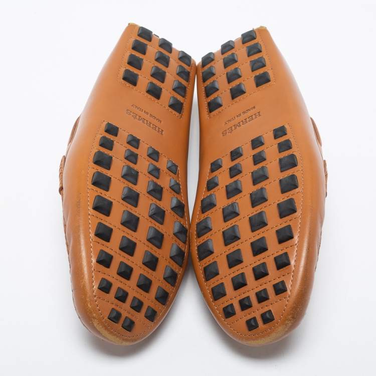 Pre Owned Hermes Brown Leather Slip on Loafers Size 42