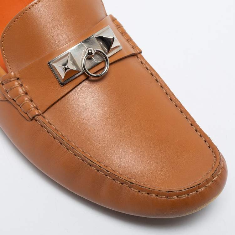Pre Owned Hermes Brown Leather Slip on Loafers Size 42