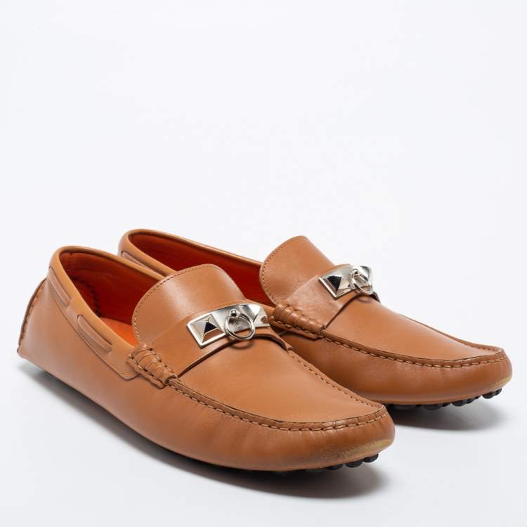 Pre Owned Hermes Brown Leather Slip on Loafers Size 42