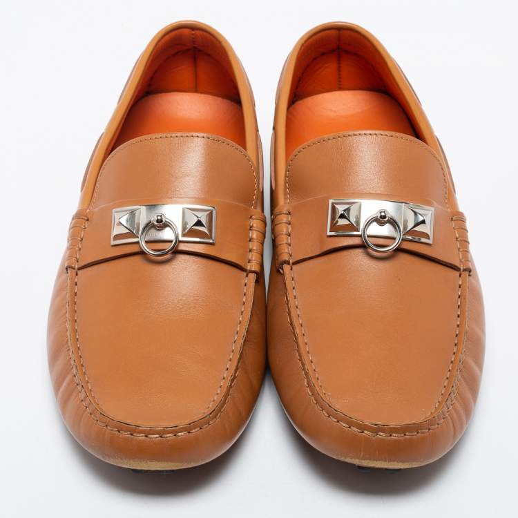 Pre Owned Hermes Brown Leather Slip on Loafers Size 42
