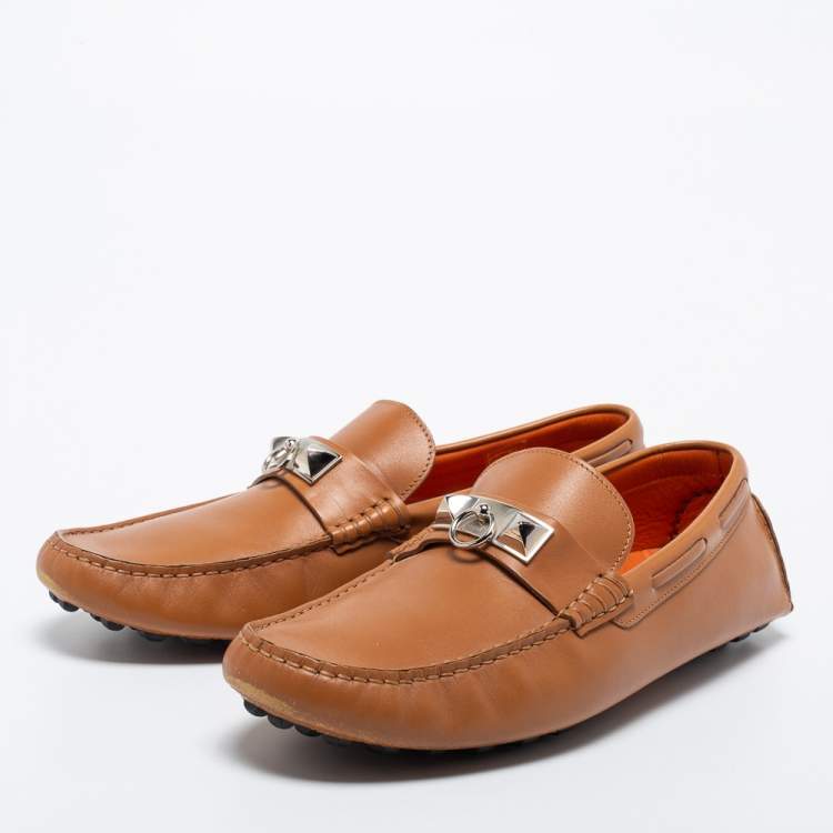 Pre Owned Hermes Brown Leather Slip on Loafers Size 42