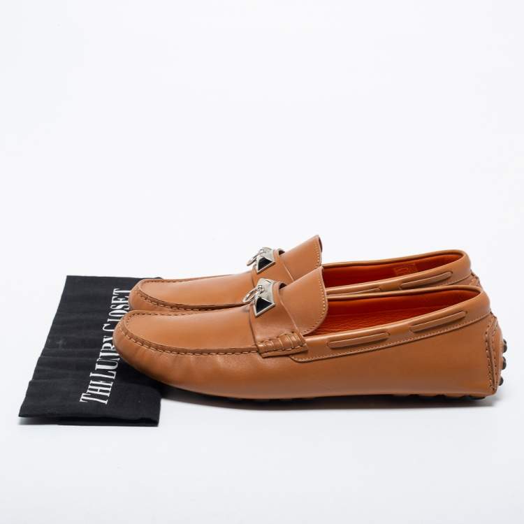 Pre Owned Hermes Brown Leather Slip on Loafers Size 42