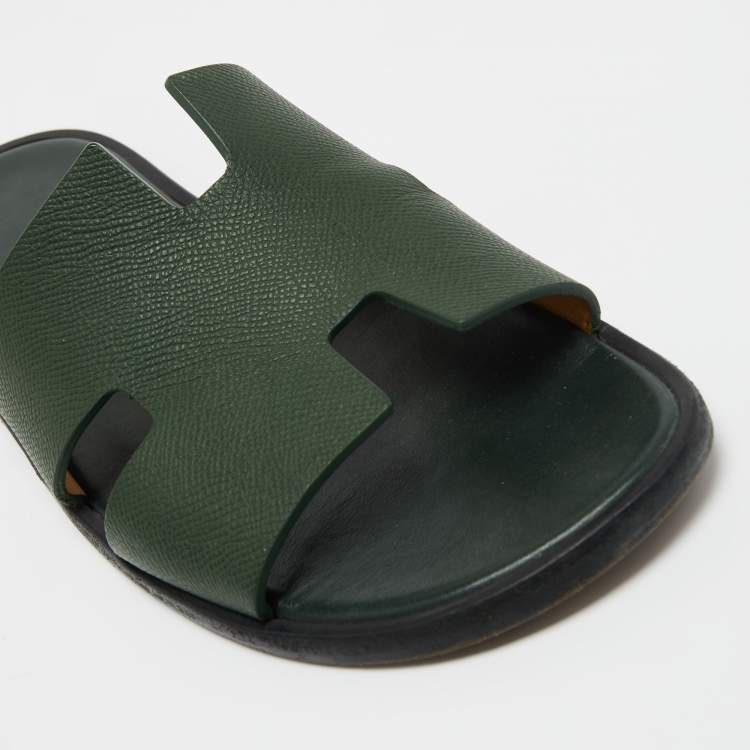 Pre Owned Hermes Green Leather Izmir Slide Flats  Size 43.5
