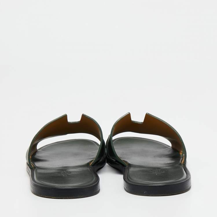 Pre Owned Hermes Green Leather Izmir Slide Flats  Size 43.5