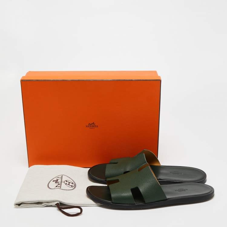 Pre Owned Hermes Green Leather Izmir Slide Flats  Size 43.5