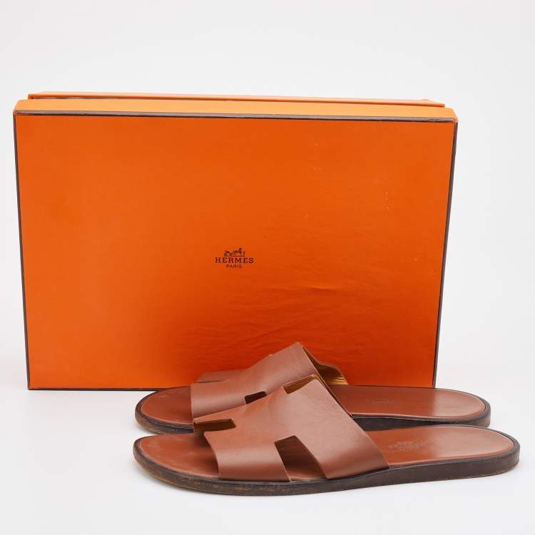 Pre Owned Hermes Brown Leather Izmir Flat Slides Size 42