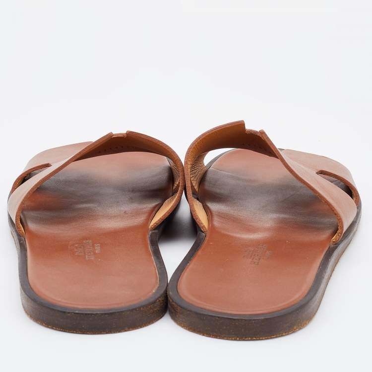 Pre Owned Hermes Brown Leather Izmir Flat Slides Size 42