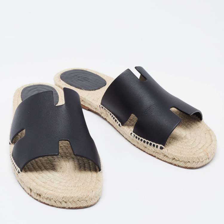 Pre Owned Hermes Black Leather Antigua Sandals Size 46