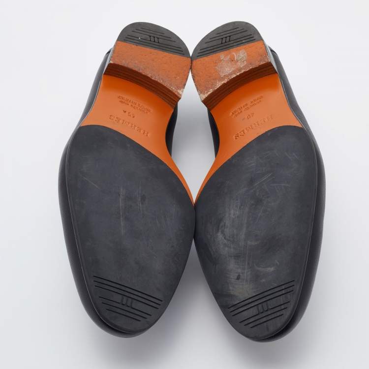 Pre Owned Hermes Black Leather Paris Slip On Loafers Size 45