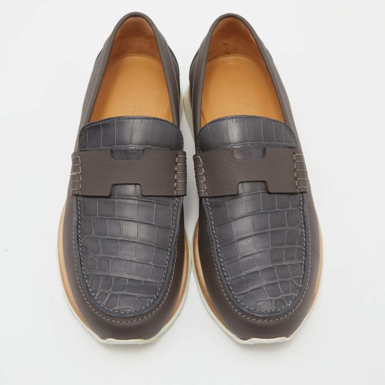 Pre Owned Hermes Brown/Grey Alligator Leather Kennedy Slip On Loafers Size 42
