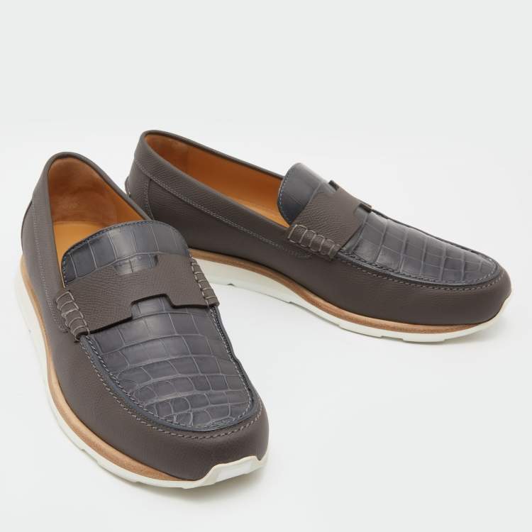 Pre Owned Hermes Brown/Grey Alligator Leather Kennedy Slip On Loafers Size 42