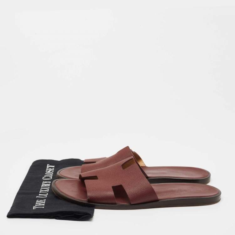 Pre Owned Hermes Burgundy Leather Izmir Slides Size 46.5