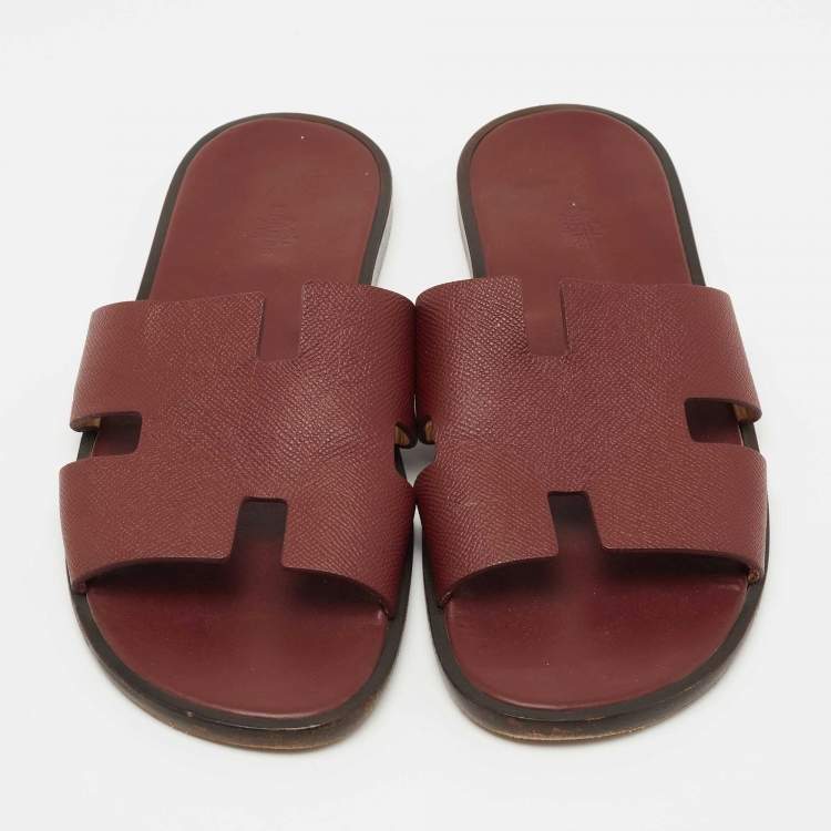 Pre Owned Hermes Burgundy Leather Izmir Slides Size 46.5