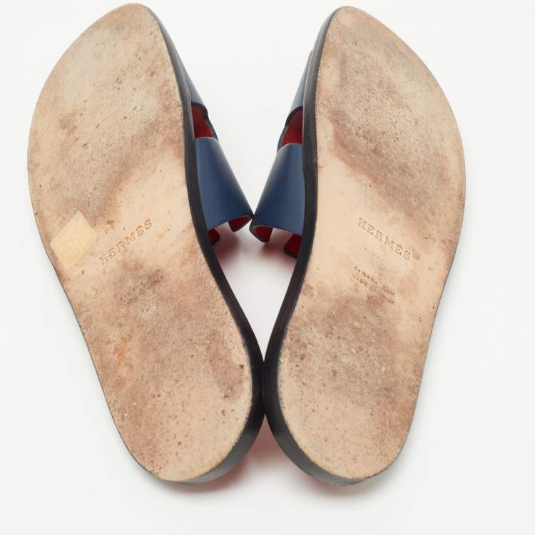 Pre Owned Hermès Dark Blue Leather Izmir Slide Flats Size 42.5