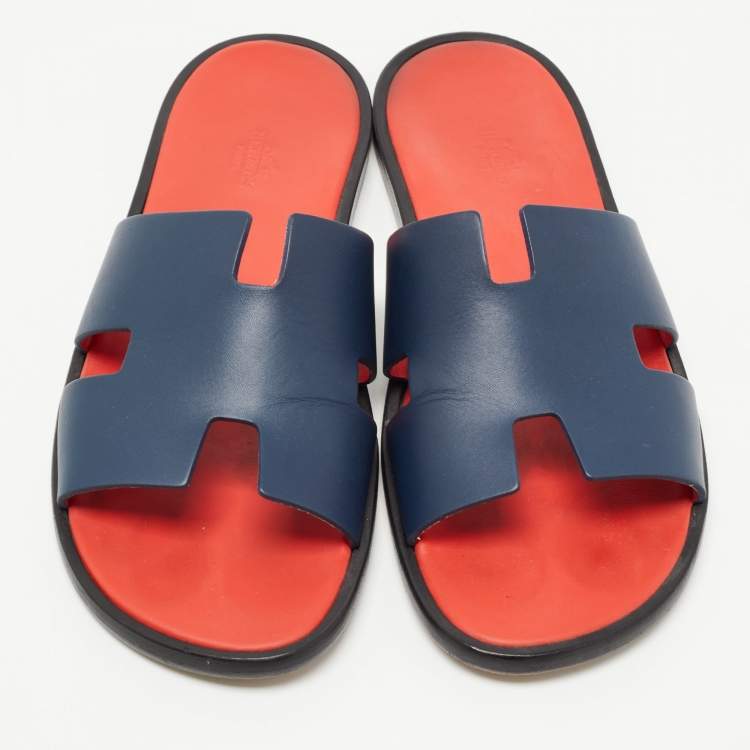 Pre Owned Hermès Dark Blue Leather Izmir Slide Flats Size 42.5