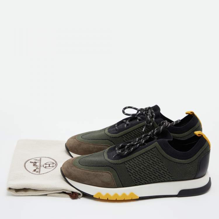 Pre Owned Hermes Green/Black Knit Fabric and Suede C-Addict Sneakers Size 42