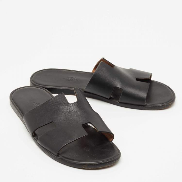Pre Owned Hermes Black Leather Izmir Flat Slides Size 44