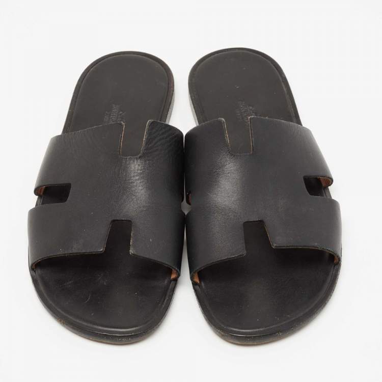 Pre Owned Hermes Black Leather Izmir Flat Slides Size 44