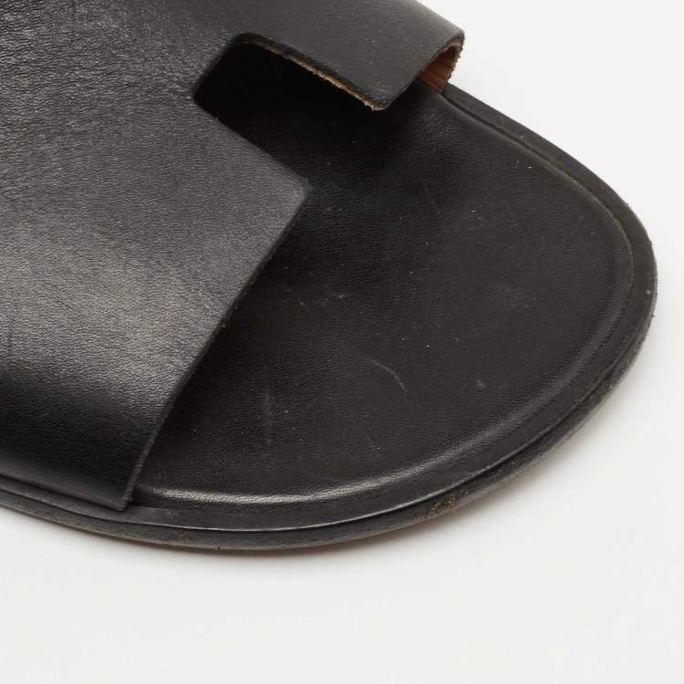 Pre Owned Hermes Black Leather Izmir Flat Slides Size 44