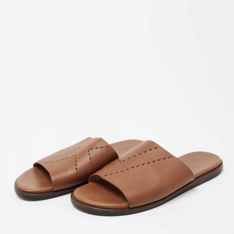 Pre Owned Hermes Brown Leather Izmir Flat Slide Size 44 