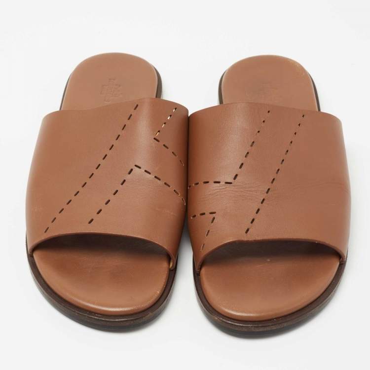 Pre Owned Hermes Brown Leather Izmir Flat Slide Size 44 
