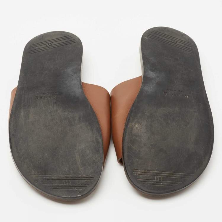 Pre Owned Hermes Brown Leather Izmir Flat Slide Size 44 
