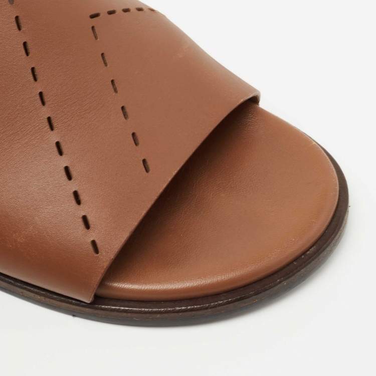 Pre Owned Hermes Brown Leather Izmir Flat Slide Size 44 