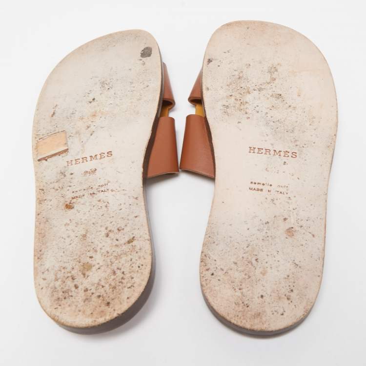Pre Owned Hermes Brown Leather Izmir Slide Flats Size 41.5 