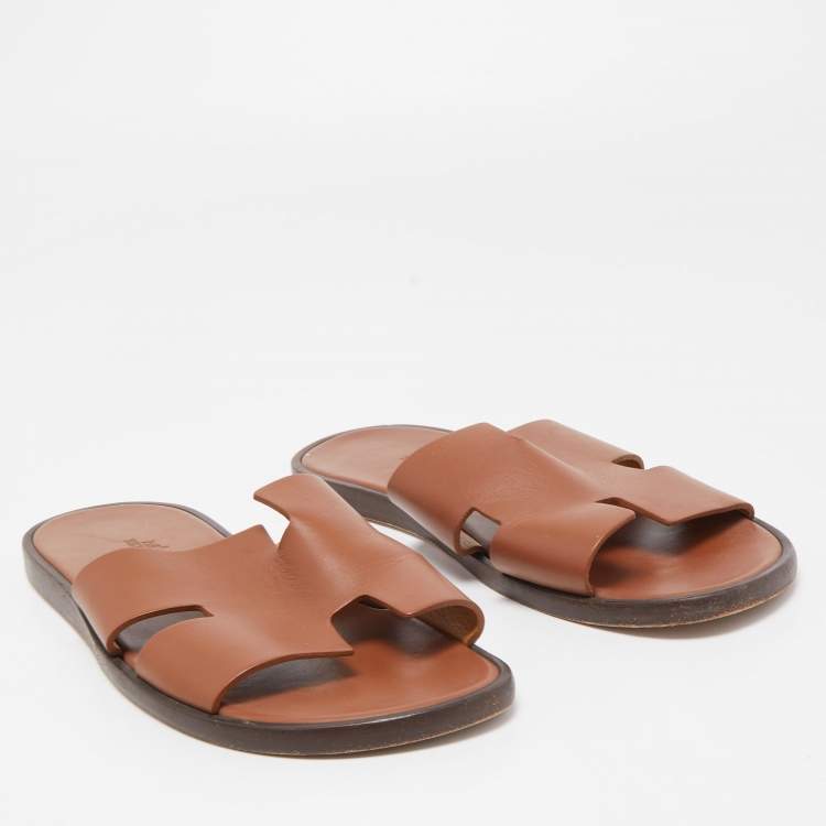 Pre Owned Hermes Brown Leather Izmir Slide Flats Size 41.5 