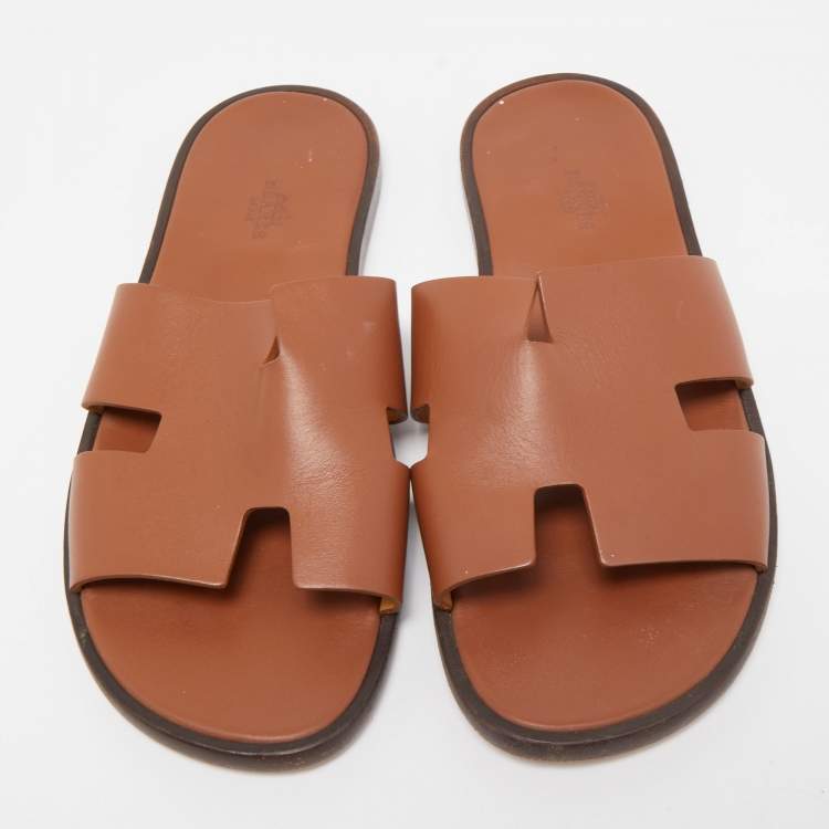 Pre Owned Hermes Brown Leather Izmir Slide Flats Size 41.5 