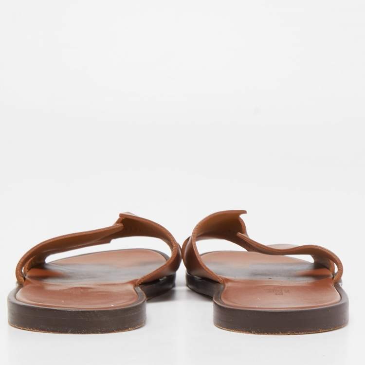 Pre Owned Hermes Brown Leather Izmir Slide Flats Size 41.5 