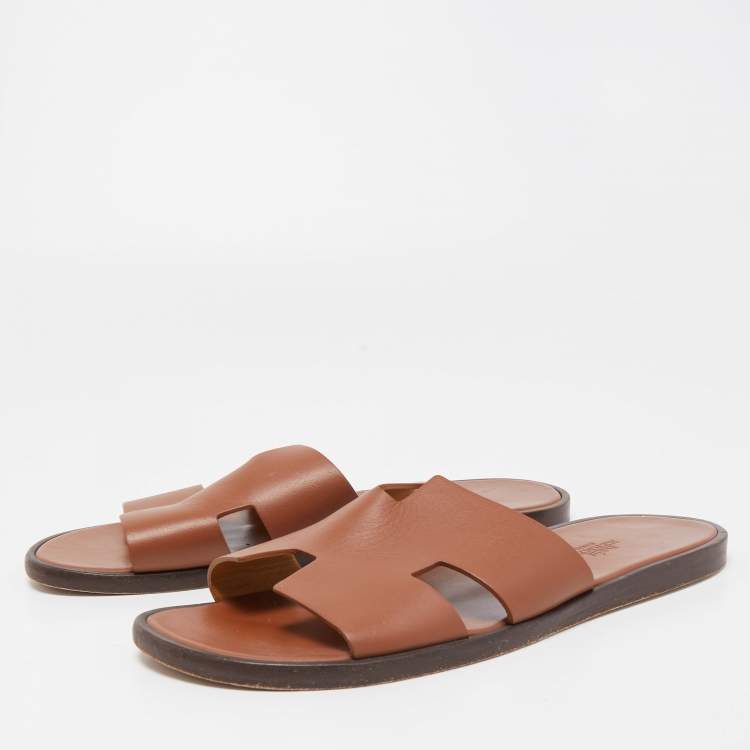Pre Owned Hermes Brown Leather Izmir Slide Flats Size 41.5 
