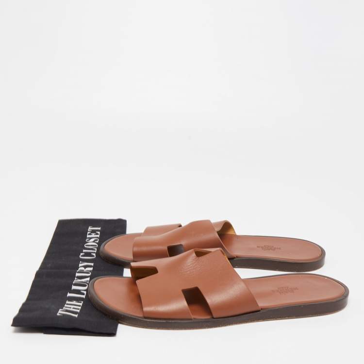 Pre Owned Hermes Brown Leather Izmir Slide Flats Size 41.5 