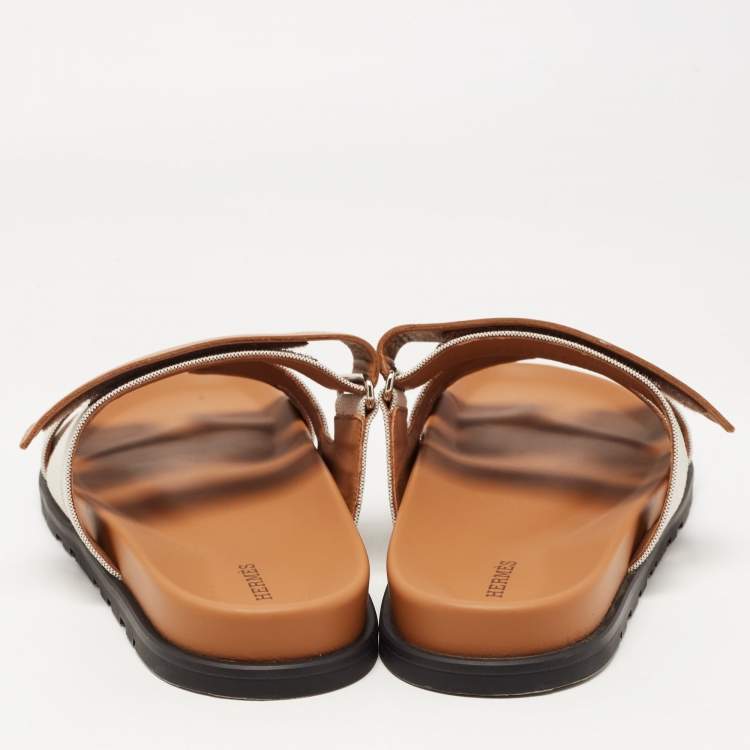 Pre Owned Hermes Grey/Brown Canvas Chypre Sandals Size 43