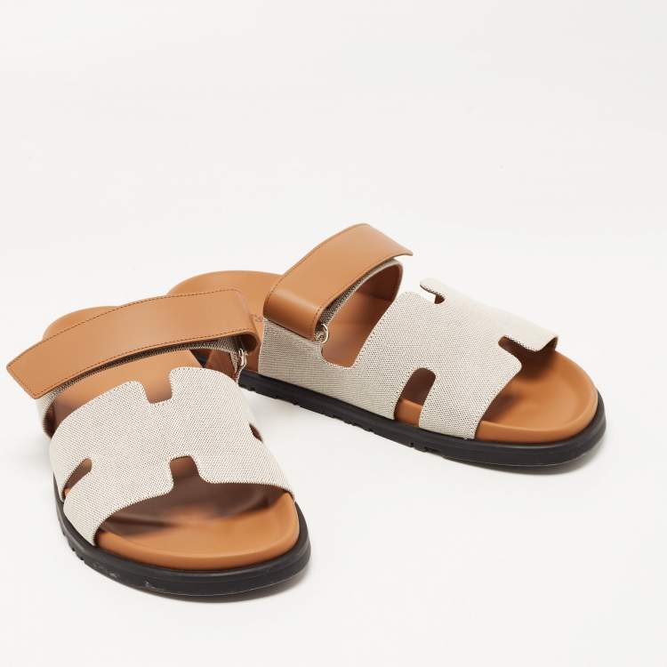 Pre Owned Hermes Grey/Brown Canvas Chypre Sandals Size 43