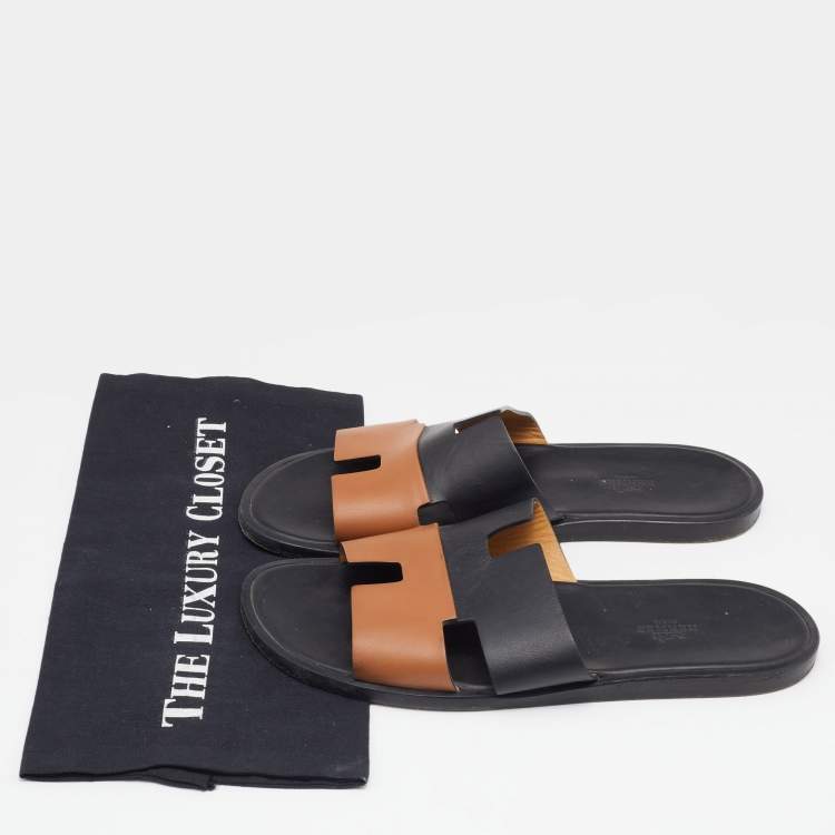 Pre Owned Hermes Black/Brown Leather Izmir Sandals Size 42