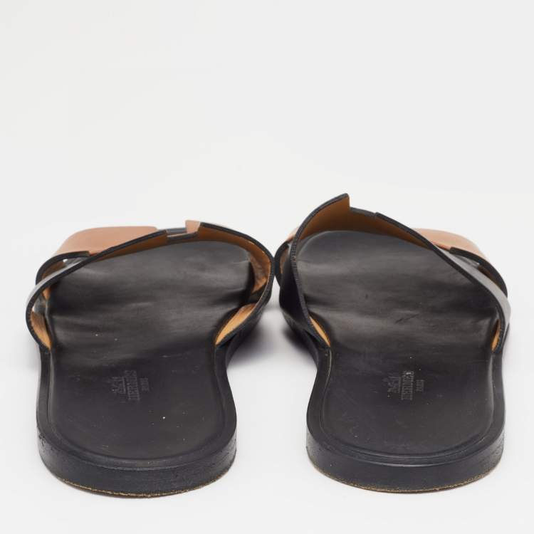 Pre Owned Hermes Black/Brown Leather Izmir Sandals Size 42