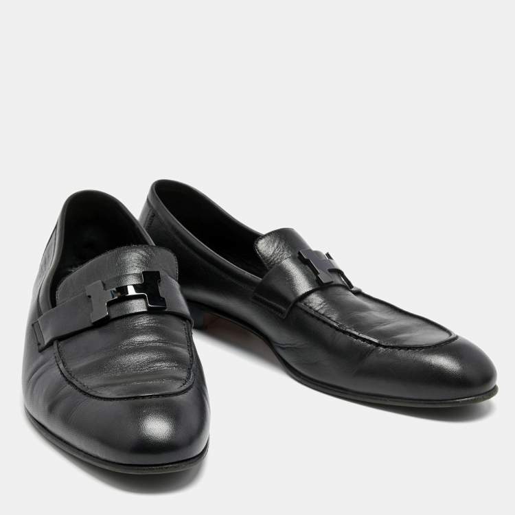 Pre Owned Hermes Black Leather Paris Slip On Loafers Size 43