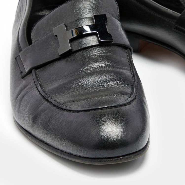 Pre Owned Hermes Black Leather Paris Slip On Loafers Size 43