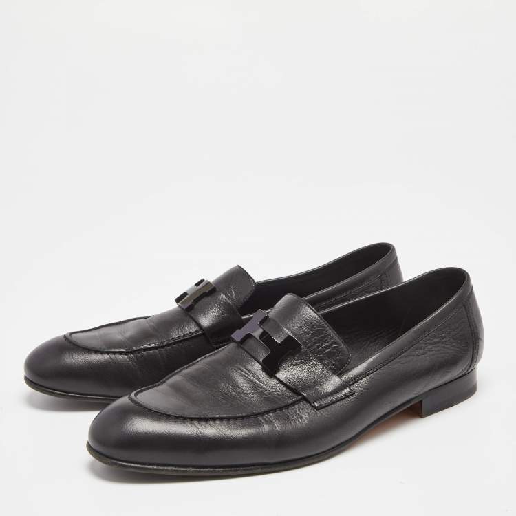 Pre Owned Hermes Black Leather Paris Slip On Loafers Size 43