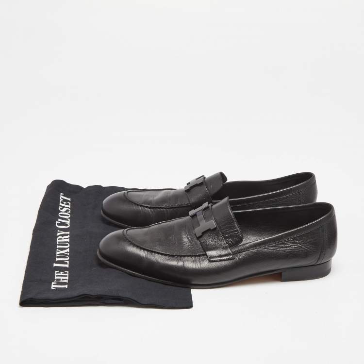 Pre Owned Hermes Black Leather Paris Slip On Loafers Size 43