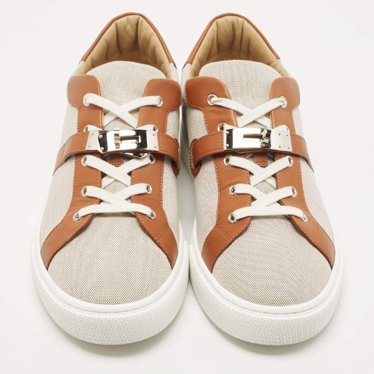 Pre Owned Hermes Brown Canvas and Leather Day Sneakers Size 45