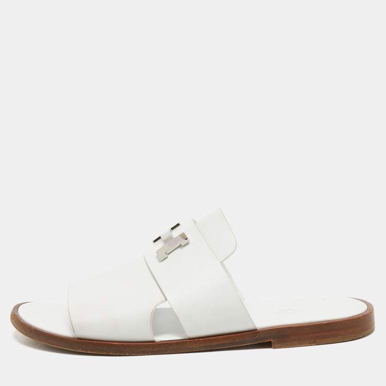 Pre Owned Hermes White Leather Arles Slides Size 43