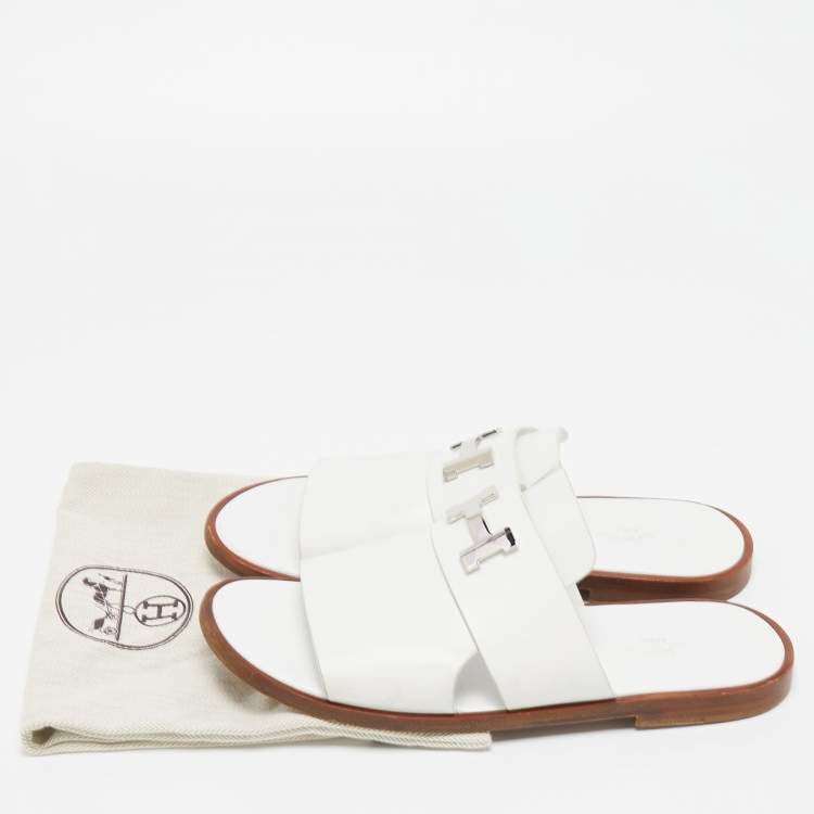 Pre Owned Hermes White Leather Arles Slides Size 43
