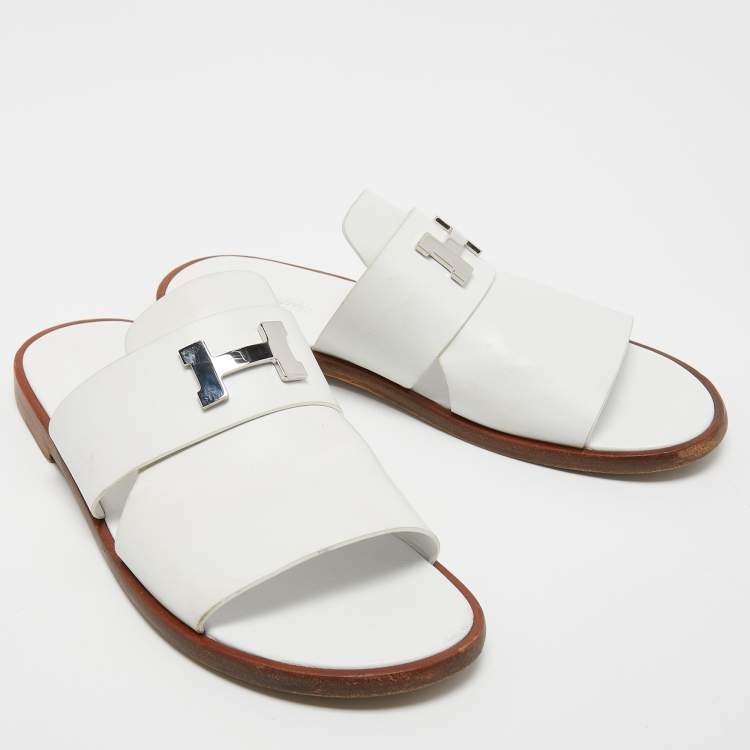 Pre Owned Hermes White Leather Arles Slides Size 43